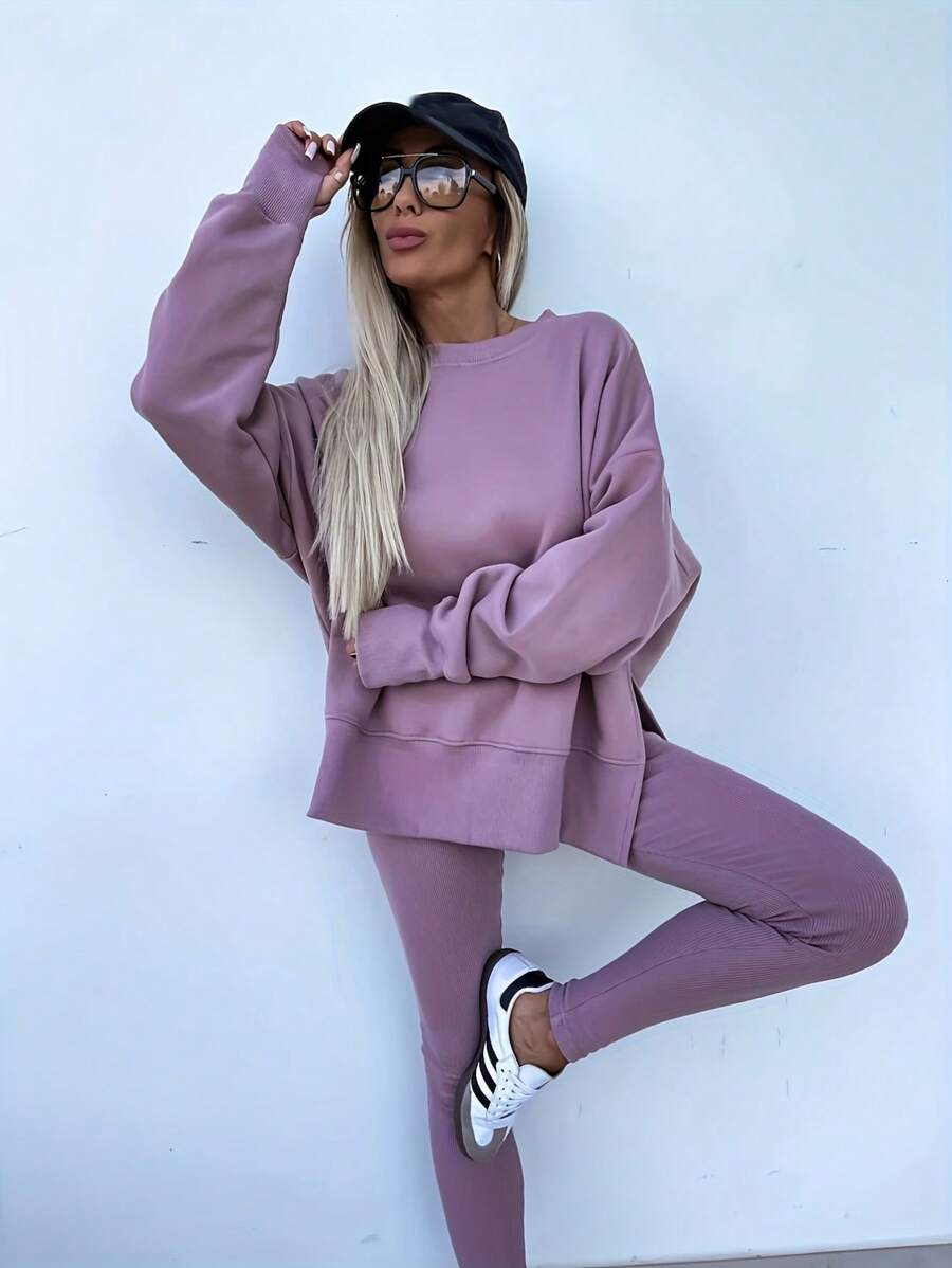 SHEIN LUNE Women's Solid Color Round Neck Drop Shoulder Long Sleeve Cardigan, Versatile 2 Pieces Set
