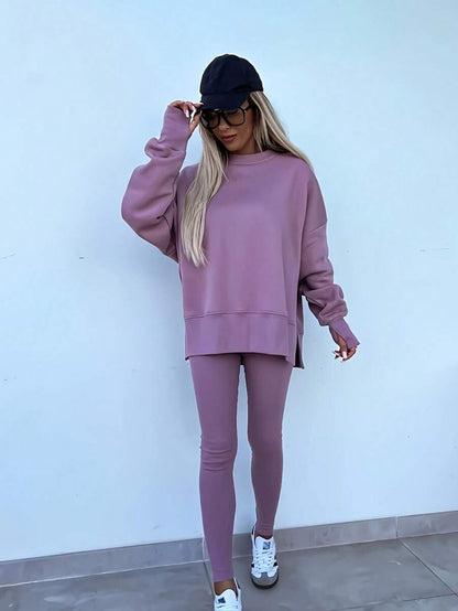 SHEIN LUNE Women's Solid Color Round Neck Drop Shoulder Long Sleeve Cardigan, Versatile 2 Pieces Set