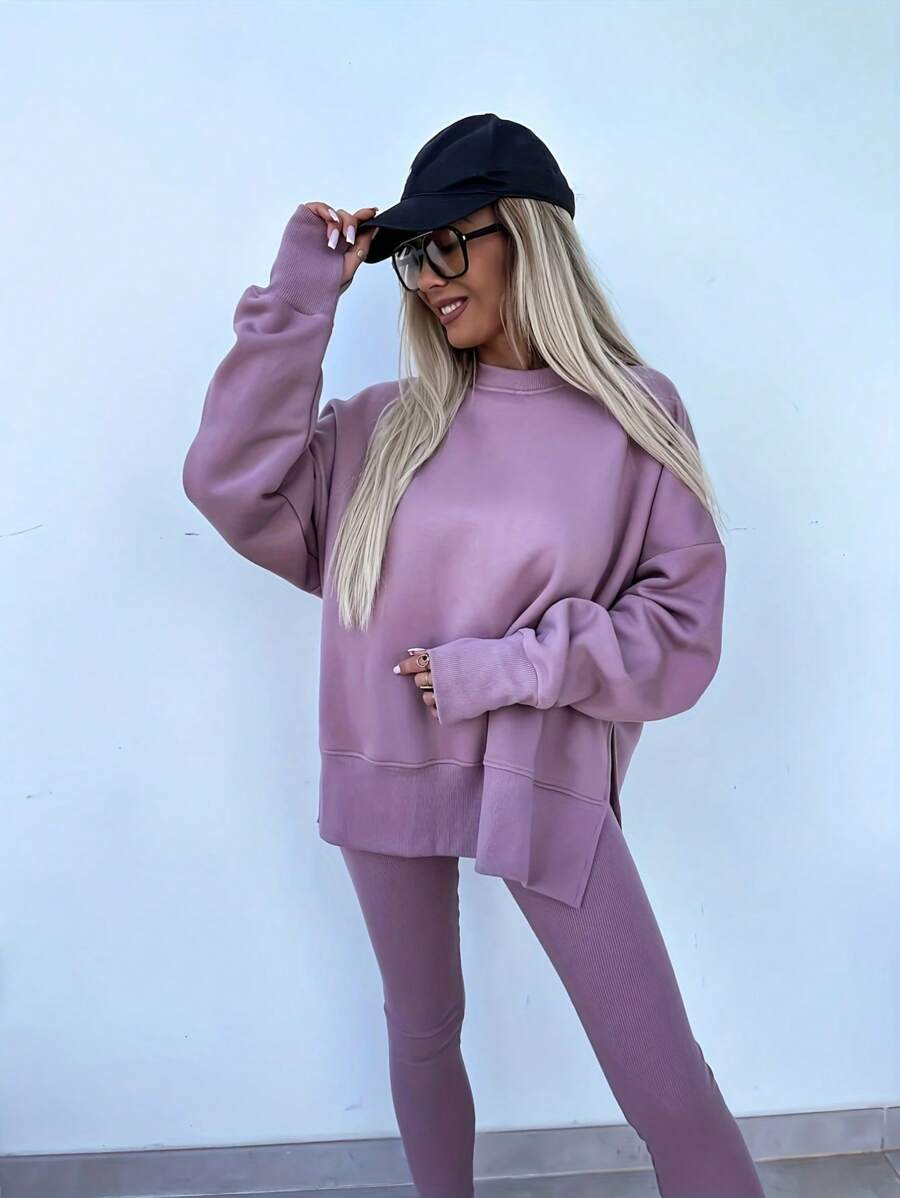 SHEIN LUNE Women's Solid Color Round Neck Drop Shoulder Long Sleeve Cardigan, Versatile 2 Pieces Set