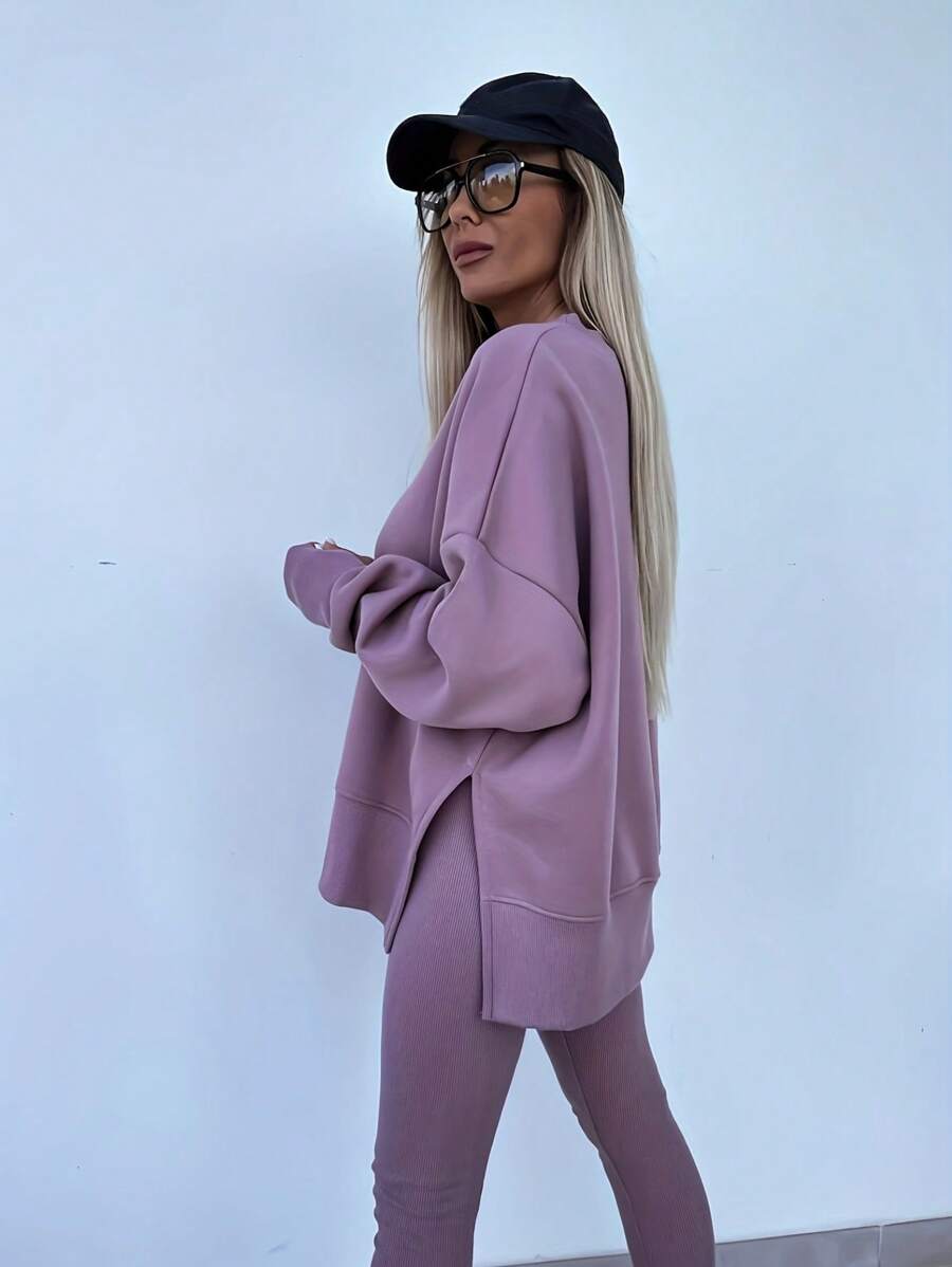 SHEIN LUNE Women's Solid Color Round Neck Drop Shoulder Long Sleeve Cardigan, Versatile 2 Pieces Set