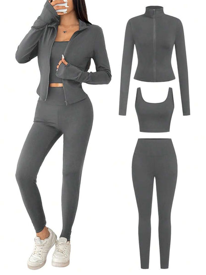 SHEIN EZwear Black Knit Women Zip-Up Cardigan + Camisole + Pants 3Pcs Sportswear Casual Set Gym Workout Autumn