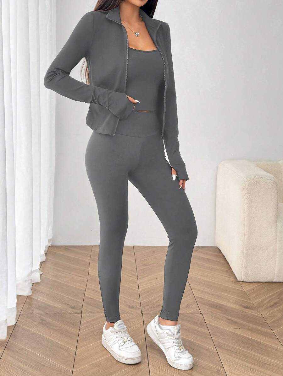SHEIN EZwear Black Knit Women Zip-Up Cardigan + Camisole + Pants 3Pcs Sportswear Casual Set Gym Workout Autumn