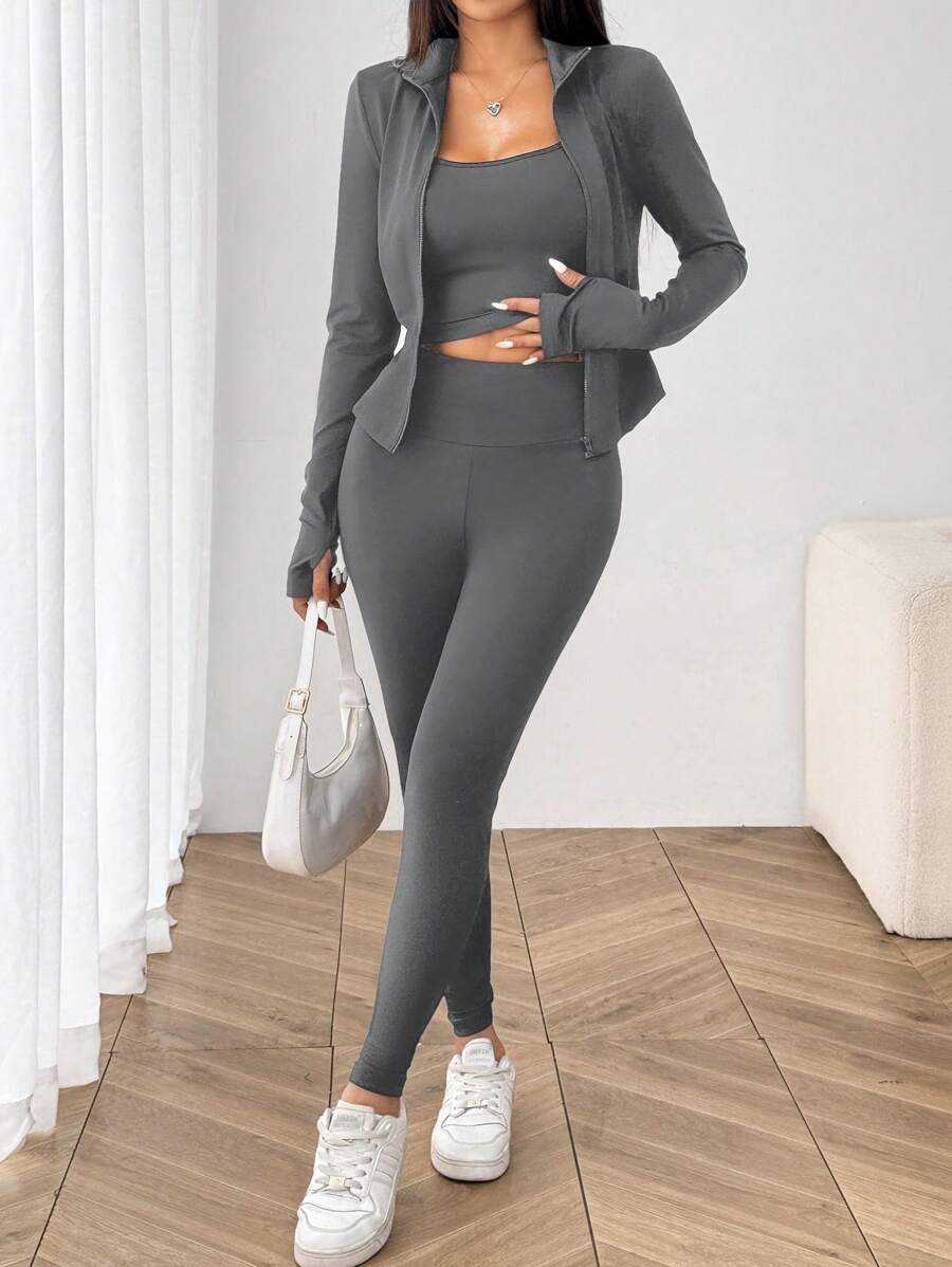 SHEIN EZwear Black Knit Women Zip-Up Cardigan + Camisole + Pants 3Pcs Sportswear Casual Set Gym Workout Autumn