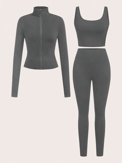 SHEIN EZwear Black Knit Women Zip-Up Cardigan + Camisole + Pants 3Pcs Sportswear Casual Set Gym Workout Autumn