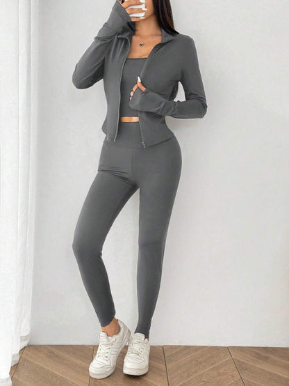 SHEIN EZwear Black Knit Women Zip-Up Cardigan + Camisole + Pants 3Pcs Sportswear Casual Set Gym Workout Autumn