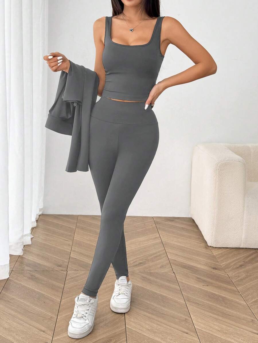 SHEIN EZwear Black Knit Women Zip-Up Cardigan + Camisole + Pants 3Pcs Sportswear Casual Set Gym Workout Autumn