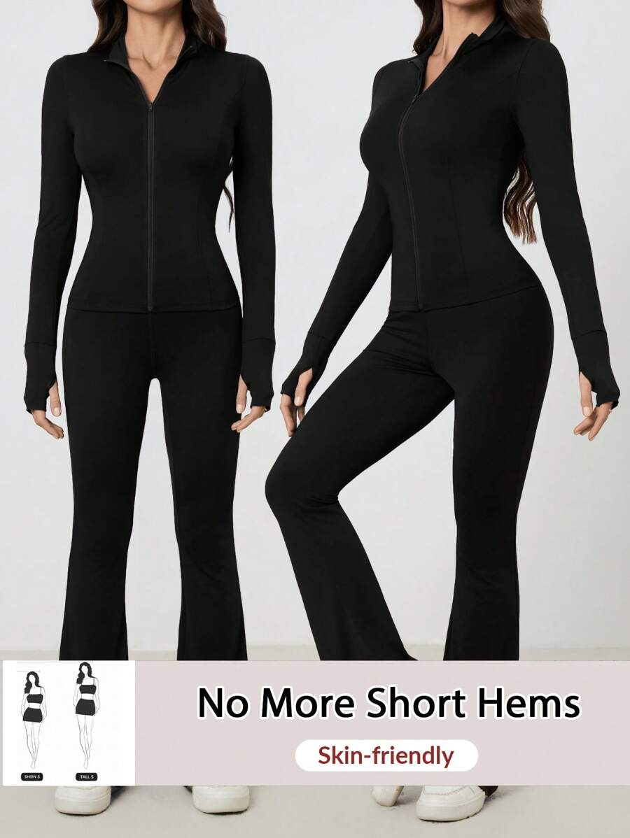 SHEIN Tall Women Shades Of Brown Long Sleeve Top And Fitted Pants 2 Pieces Set, Tall Women Gym Workout Autumn Casual