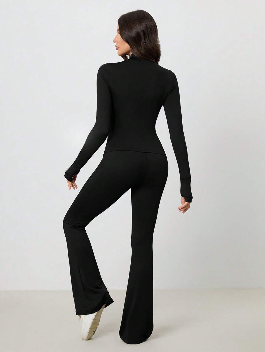SHEIN Tall Women Shades Of Brown Long Sleeve Top And Fitted Pants 2 Pieces Set, Tall Women Gym Workout Autumn Casual