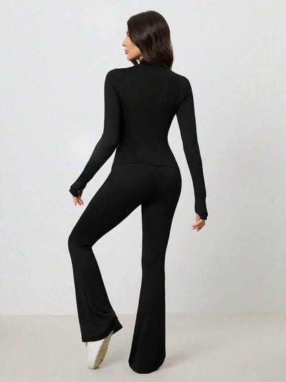 SHEIN Tall Women Shades Of Brown Long Sleeve Top And Fitted Pants 2 Pieces Set, Tall Women Gym Workout Autumn Casual