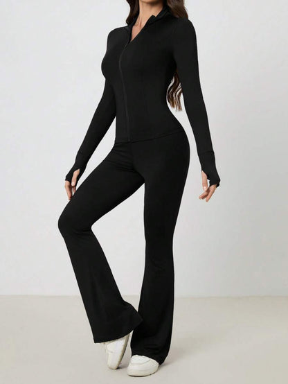 SHEIN Tall Women Shades Of Brown Long Sleeve Top And Fitted Pants 2 Pieces Set, Tall Women Gym Workout Autumn Casual