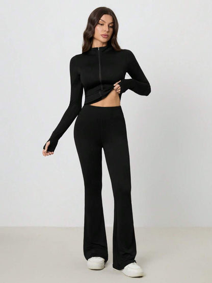 SHEIN Tall Women Shades Of Brown Long Sleeve Top And Fitted Pants 2 Pieces Set, Tall Women Gym Workout Autumn Casual