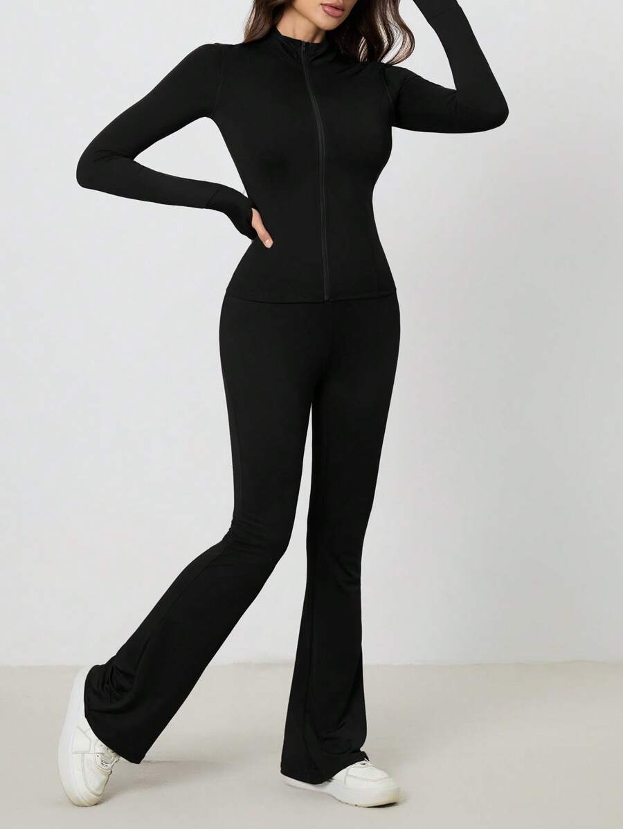 SHEIN Tall Women Shades Of Brown Long Sleeve Top And Fitted Pants 2 Pieces Set, Tall Women Gym Workout Autumn Casual