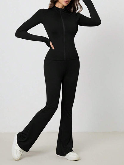 SHEIN Tall Women Shades Of Brown Long Sleeve Top And Fitted Pants 2 Pieces Set, Tall Women Gym Workout Autumn Casual