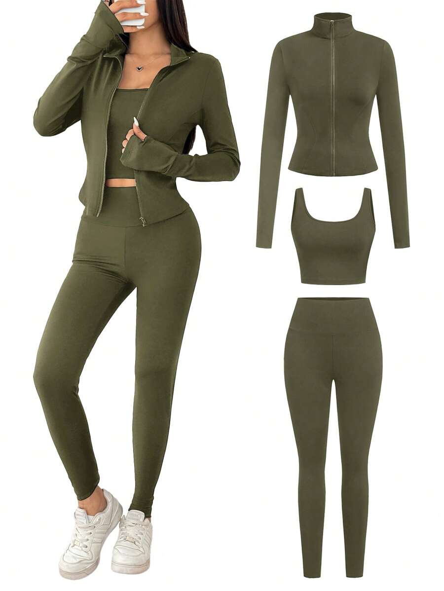 SHEIN EZwear Black Knit Women Zip-Up Cardigan + Camisole + Pants 3Pcs Sportswear Casual Set Gym Workout Autumn