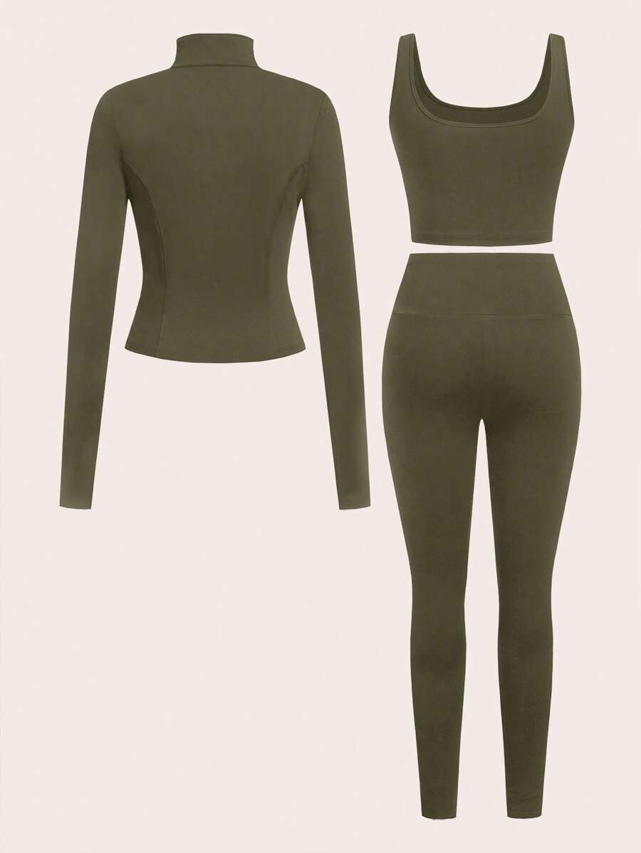 SHEIN EZwear Black Knit Women Zip-Up Cardigan + Camisole + Pants 3Pcs Sportswear Casual Set Gym Workout Autumn