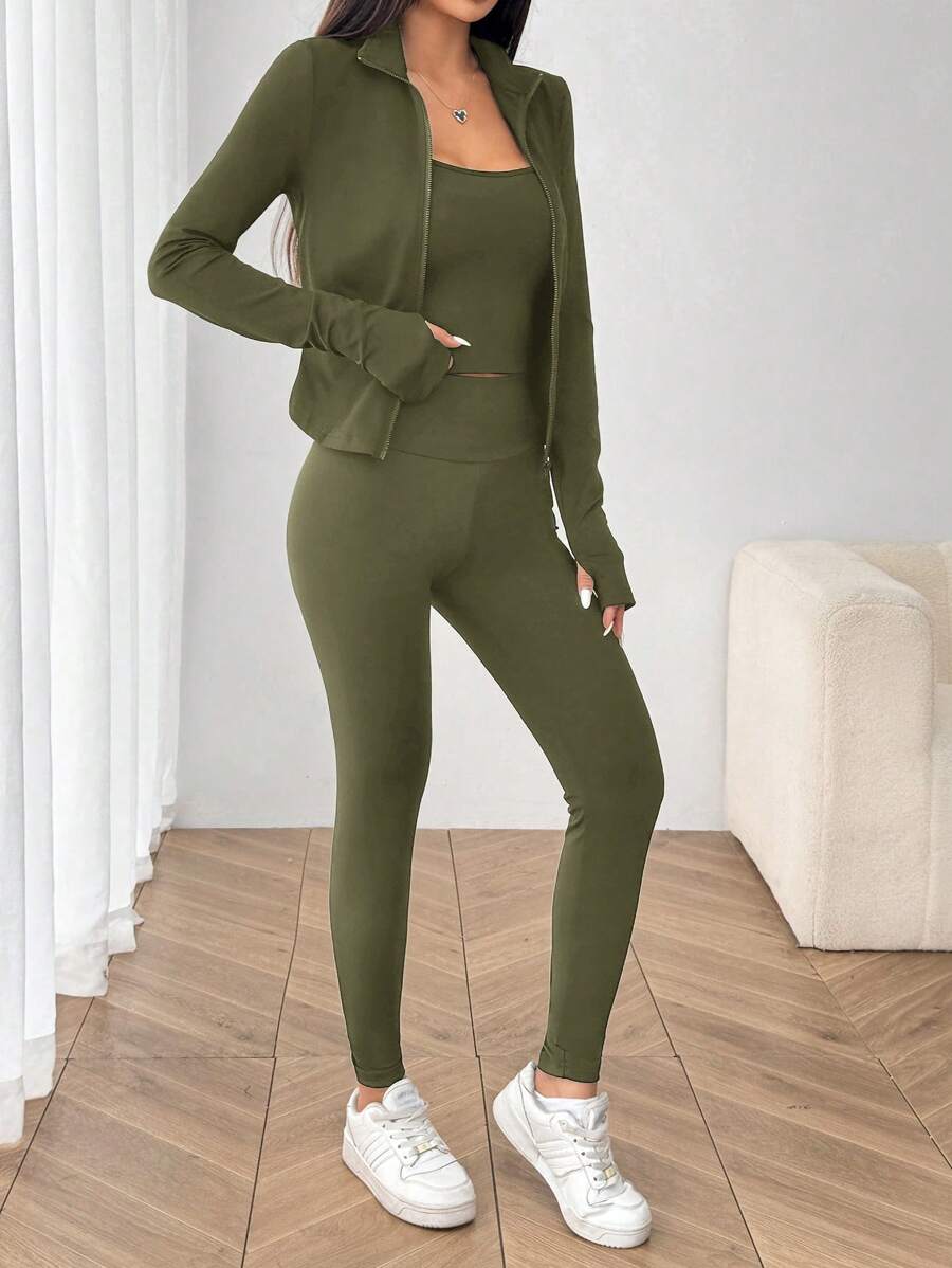 SHEIN EZwear Black Knit Women Zip-Up Cardigan + Camisole + Pants 3Pcs Sportswear Casual Set Gym Workout Autumn