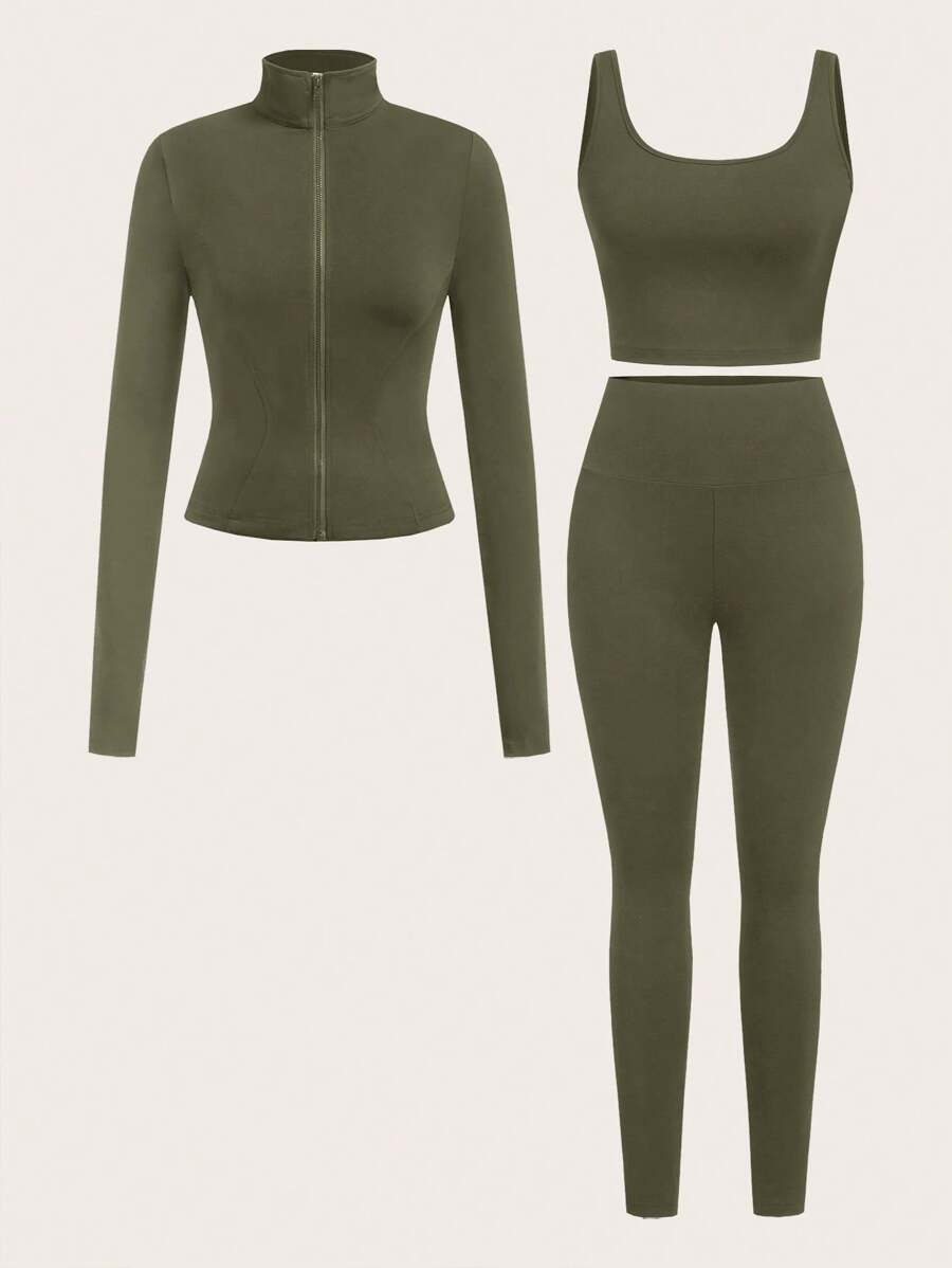 SHEIN EZwear Black Knit Women Zip-Up Cardigan + Camisole + Pants 3Pcs Sportswear Casual Set Gym Workout Autumn