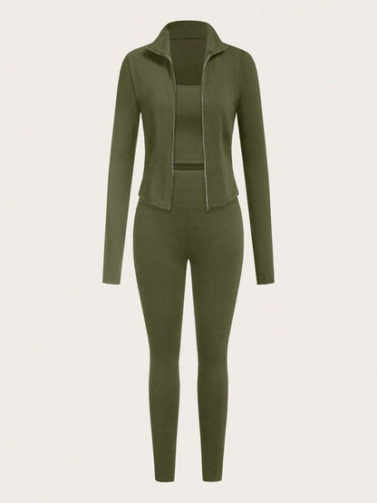 SHEIN EZwear Black Knit Women Zip-Up Cardigan + Camisole + Pants 3Pcs Sportswear Casual Set Gym Workout Autumn