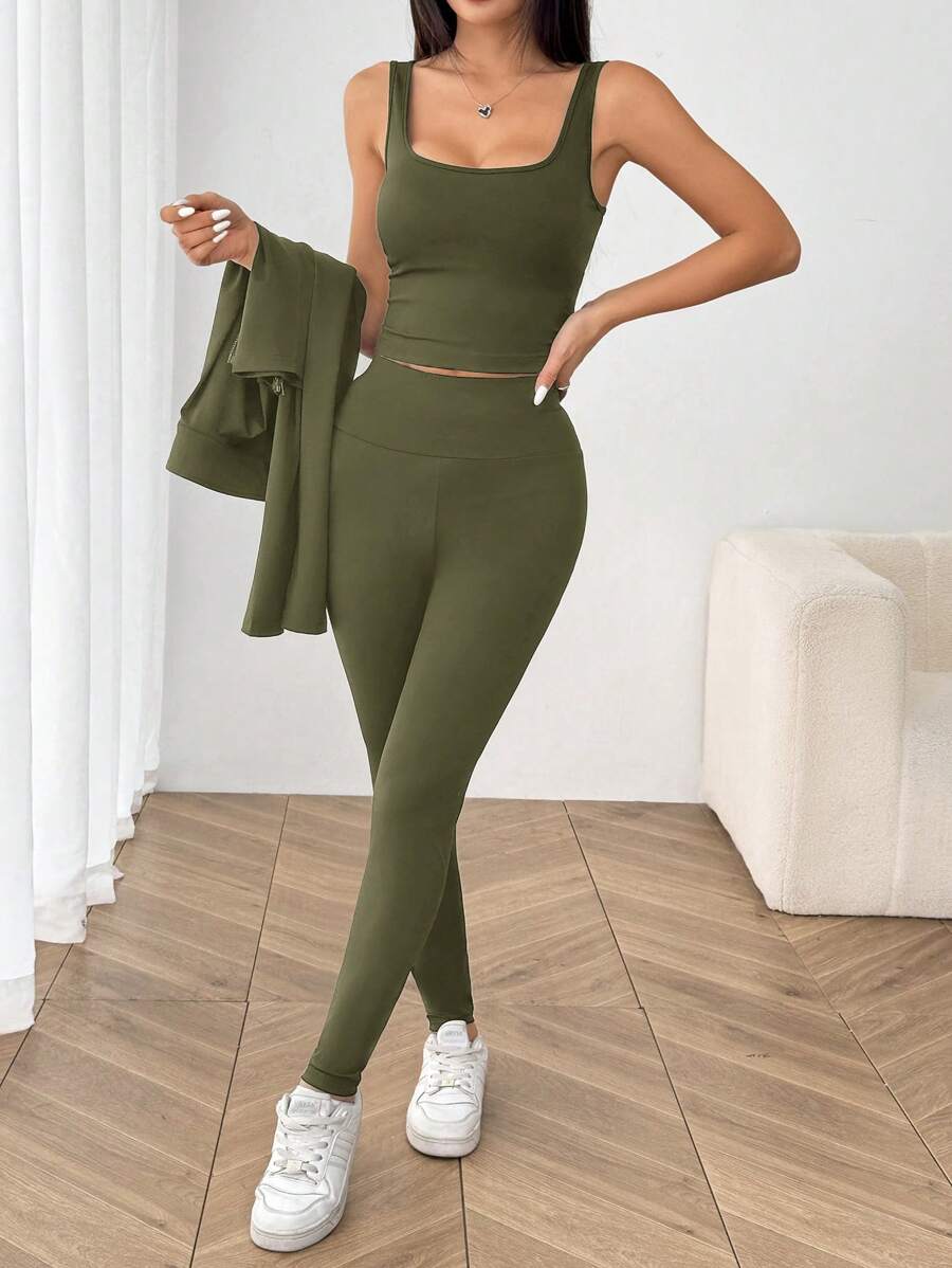 SHEIN EZwear Black Knit Women Zip-Up Cardigan + Camisole + Pants 3Pcs Sportswear Casual Set Gym Workout Autumn