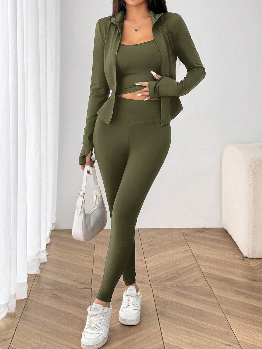 SHEIN EZwear Black Knit Women Zip-Up Cardigan + Camisole + Pants 3Pcs Sportswear Casual Set Gym Workout Autumn
