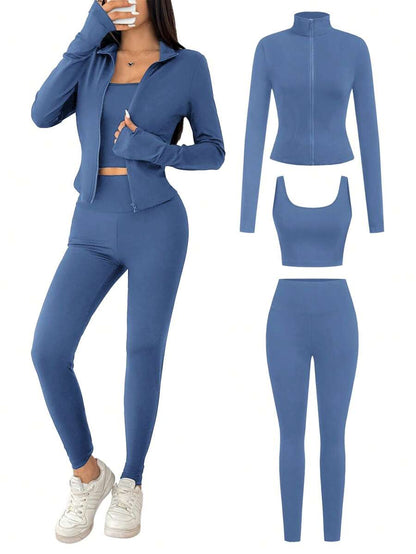 SHEIN EZwear Black Knit Women Zip-Up Cardigan + Camisole + Pants 3Pcs Sportswear Casual Set Gym Workout Autumn