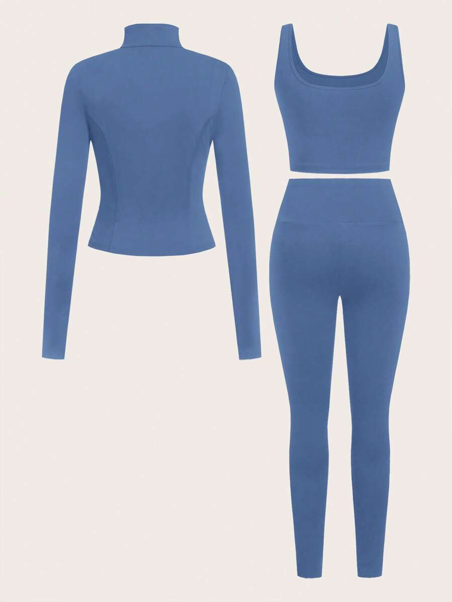 SHEIN EZwear Black Knit Women Zip-Up Cardigan + Camisole + Pants 3Pcs Sportswear Casual Set Gym Workout Autumn