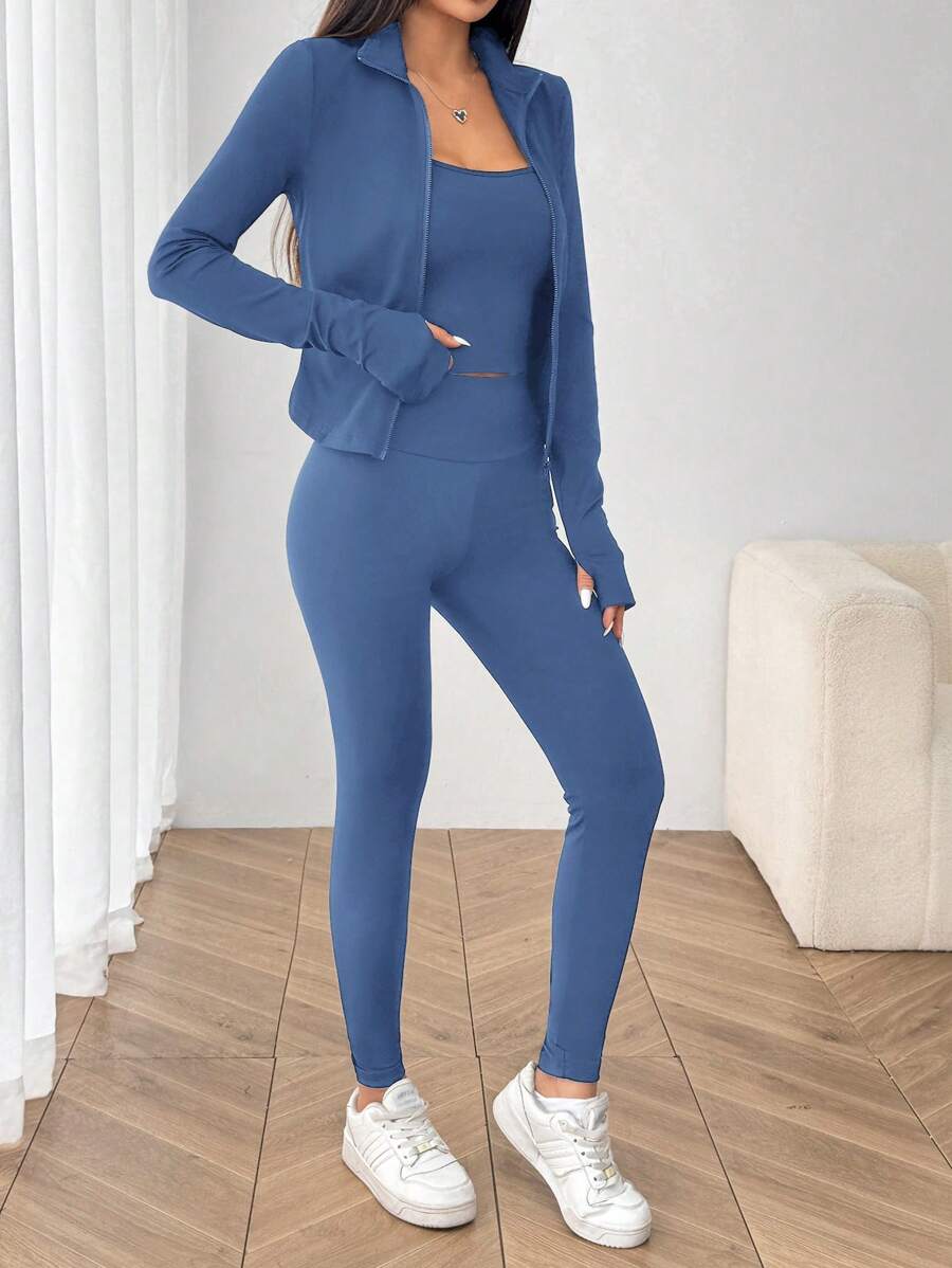 SHEIN EZwear Black Knit Women Zip-Up Cardigan + Camisole + Pants 3Pcs Sportswear Casual Set Gym Workout Autumn