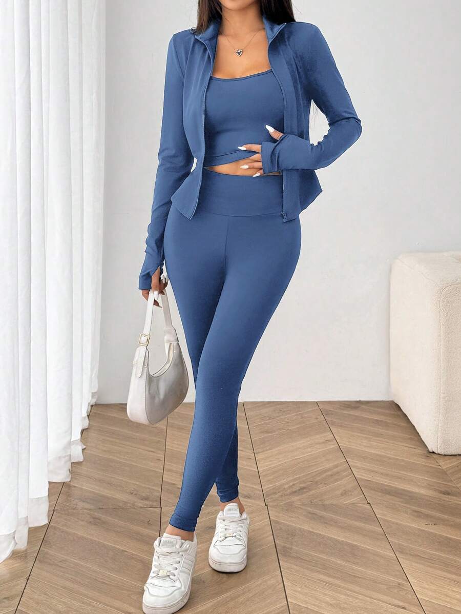 SHEIN EZwear Black Knit Women Zip-Up Cardigan + Camisole + Pants 3Pcs Sportswear Casual Set Gym Workout Autumn