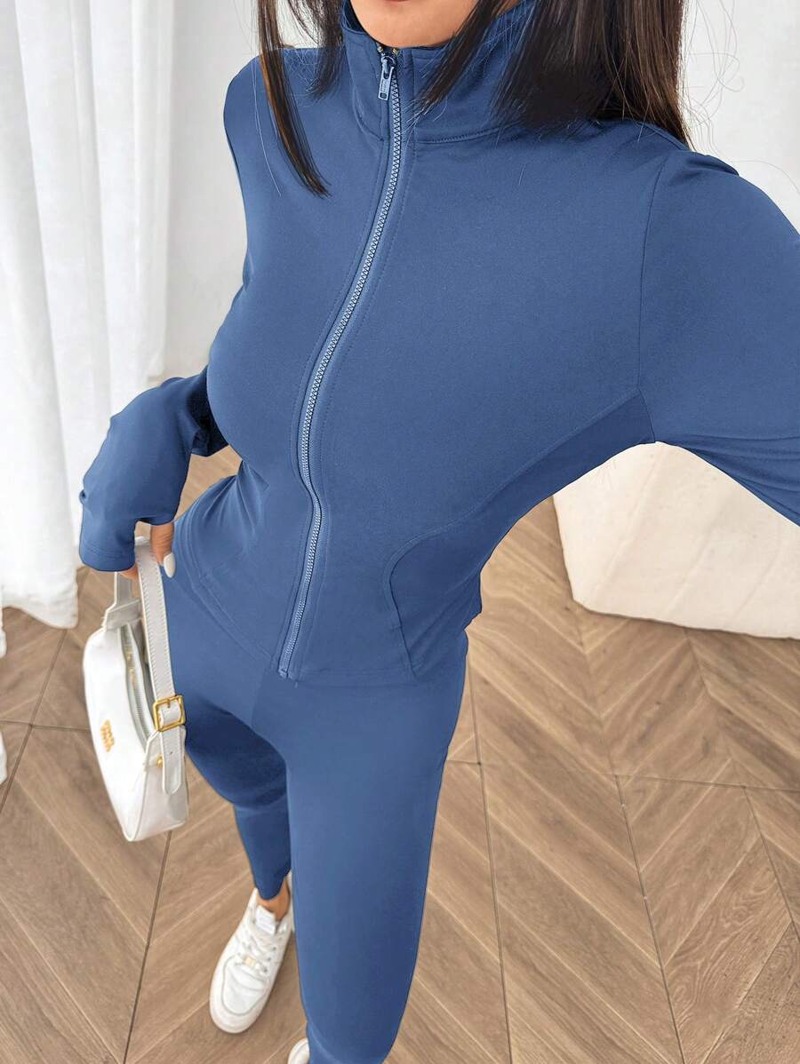 SHEIN EZwear Black Knit Women Zip-Up Cardigan + Camisole + Pants 3Pcs Sportswear Casual Set Gym Workout Autumn