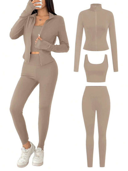 SHEIN EZwear Black Knit Women Zip-Up Cardigan + Camisole + Pants 3Pcs Sportswear Casual Set Gym Workout Autumn