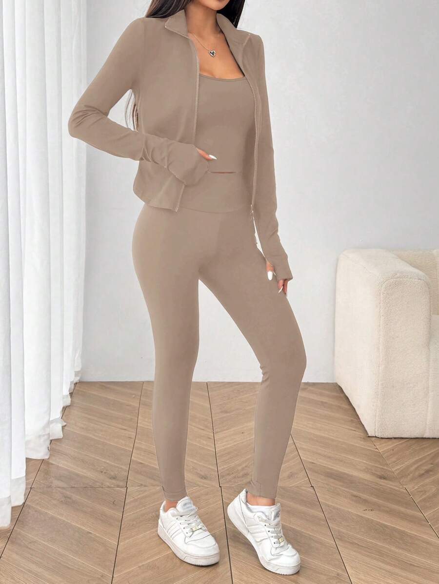 SHEIN EZwear Black Knit Women Zip-Up Cardigan + Camisole + Pants 3Pcs Sportswear Casual Set Gym Workout Autumn