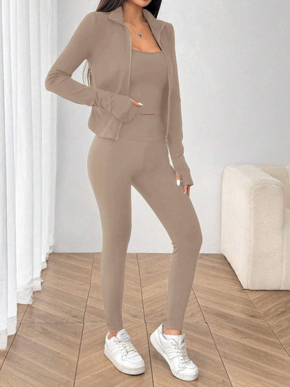 SHEIN EZwear Black Knit Women Zip-Up Cardigan + Camisole + Pants 3Pcs Sportswear Casual Set Gym Workout Autumn