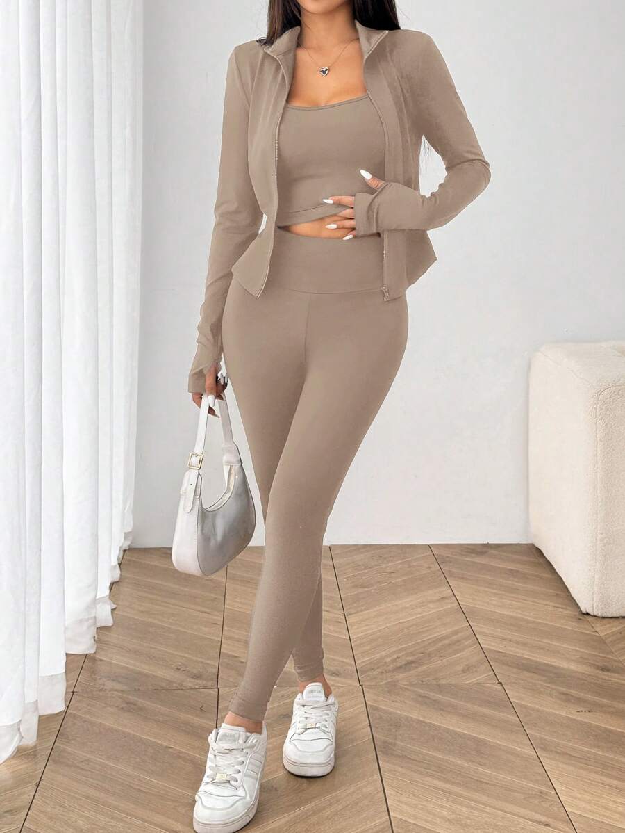 SHEIN EZwear Black Knit Women Zip-Up Cardigan + Camisole + Pants 3Pcs Sportswear Casual Set Gym Workout Autumn