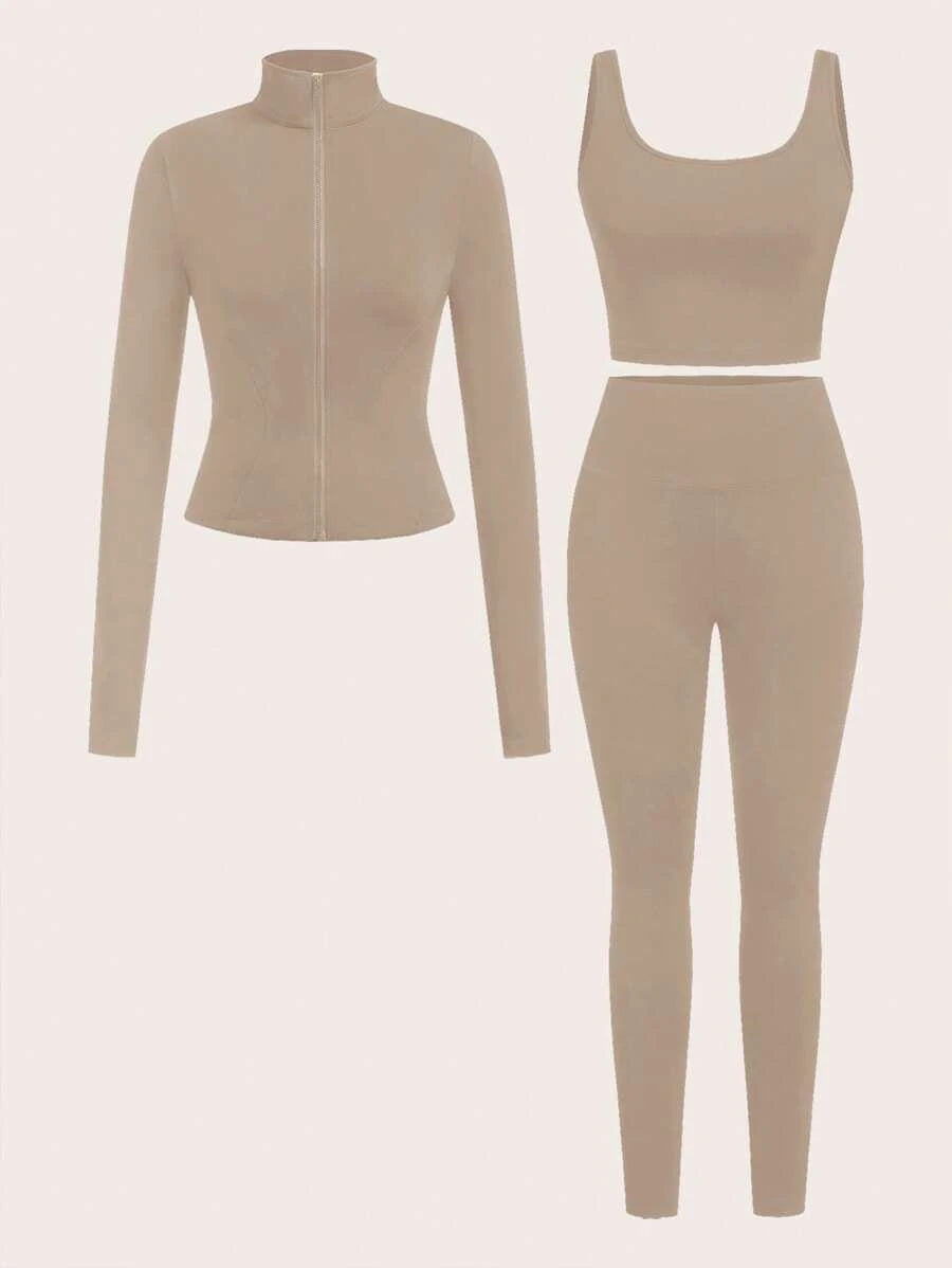SHEIN EZwear Black Knit Women Zip-Up Cardigan + Camisole + Pants 3Pcs Sportswear Casual Set Gym Workout Autumn