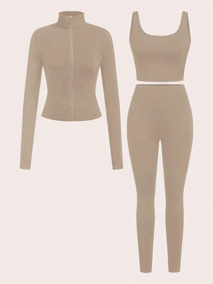 SHEIN EZwear Black Knit Women Zip-Up Cardigan + Camisole + Pants 3Pcs Sportswear Casual Set Gym Workout Autumn
