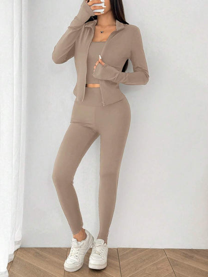 SHEIN EZwear Black Knit Women Zip-Up Cardigan + Camisole + Pants 3Pcs Sportswear Casual Set Gym Workout Autumn