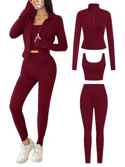 SHEIN EZwear Black Knit Women Zip-Up Cardigan + Camisole + Pants 3Pcs Sportswear Casual Set Gym Workout Autumn