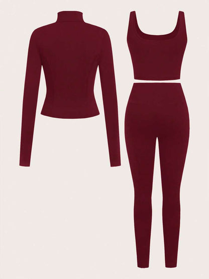 SHEIN EZwear Black Knit Women Zip-Up Cardigan + Camisole + Pants 3Pcs Sportswear Casual Set Gym Workout Autumn