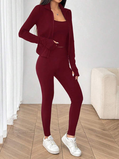 SHEIN EZwear Black Knit Women Zip-Up Cardigan + Camisole + Pants 3Pcs Sportswear Casual Set Gym Workout Autumn