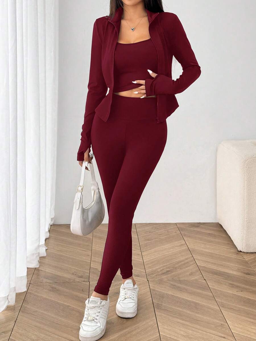 SHEIN EZwear Black Knit Women Zip-Up Cardigan + Camisole + Pants 3Pcs Sportswear Casual Set Gym Workout Autumn