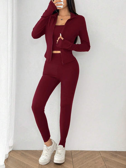 SHEIN EZwear Black Knit Women Zip-Up Cardigan + Camisole + Pants 3Pcs Sportswear Casual Set Gym Workout Autumn