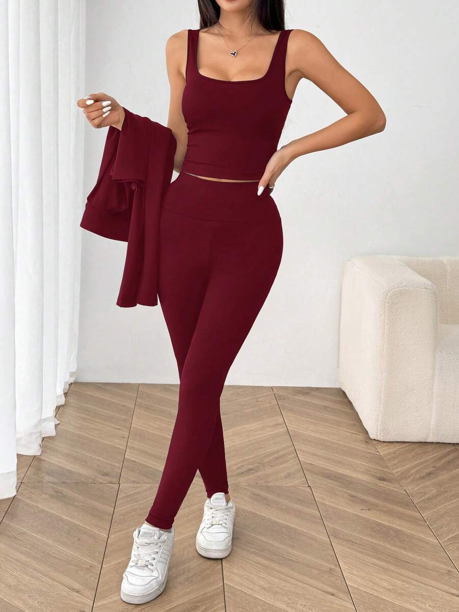 SHEIN EZwear Black Knit Women Zip-Up Cardigan + Camisole + Pants 3Pcs Sportswear Casual Set Gym Workout Autumn