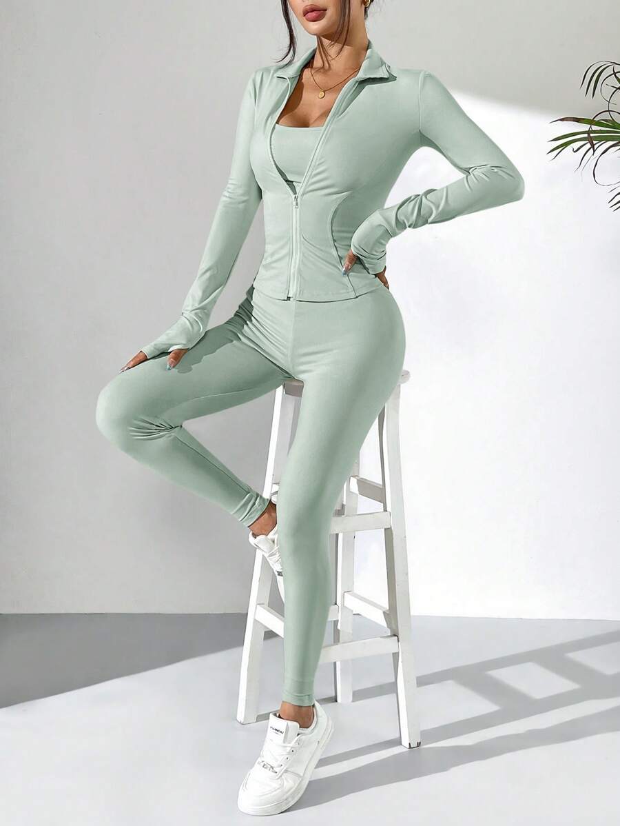 SHEIN EZwear Black Knit Women Zip-Up Cardigan + Camisole + Pants 3Pcs Sportswear Casual Set Gym Workout Autumn