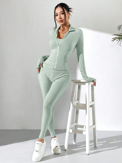 SHEIN EZwear Black Knit Women Zip-Up Cardigan + Camisole + Pants 3Pcs Sportswear Casual Set Gym Workout Autumn