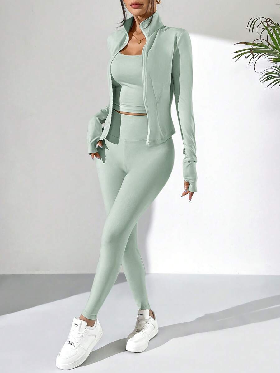 SHEIN EZwear Black Knit Women Zip-Up Cardigan + Camisole + Pants 3Pcs Sportswear Casual Set Gym Workout Autumn