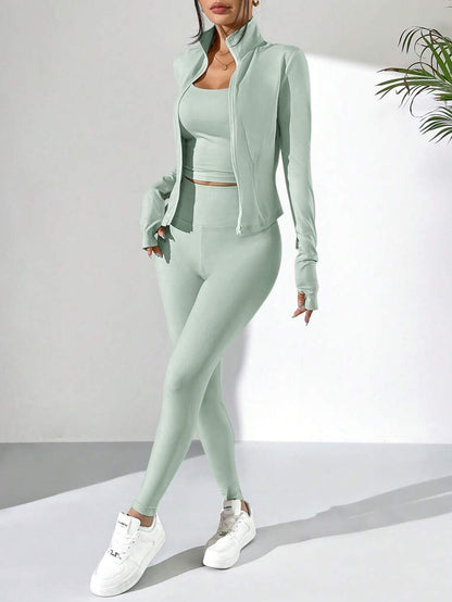SHEIN EZwear Black Knit Women Zip-Up Cardigan + Camisole + Pants 3Pcs Sportswear Casual Set Gym Workout Autumn