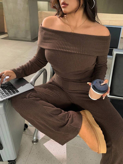 SHEIN EZwear Plus Size Woman Off Shoulder Ribbed 2 Pieces Set,Winter Long Sleeve Pants Sets,Christmas Lounge Set,Burgundy,Autumn,Smart Casual,Everyday Comfortable