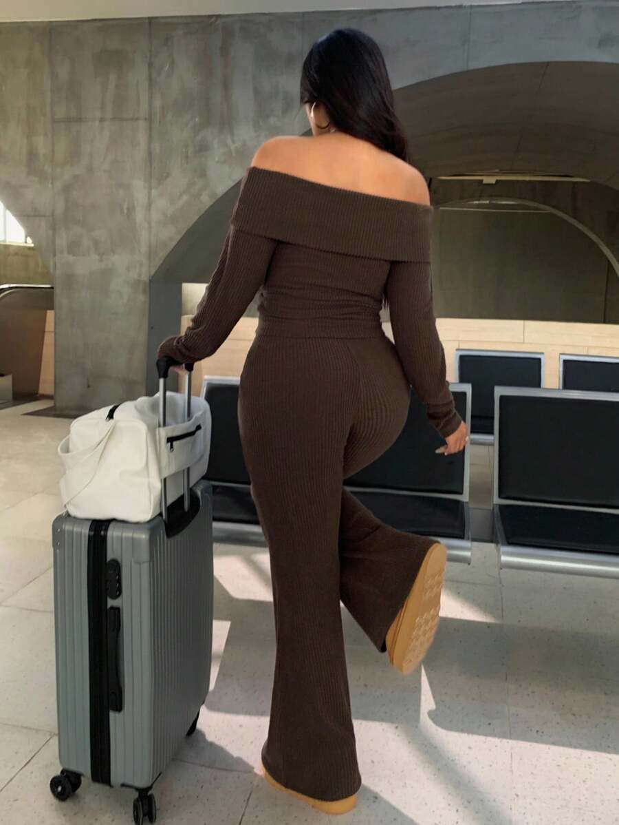 SHEIN EZwear Plus Size Woman Off Shoulder Ribbed 2 Pieces Set,Winter Long Sleeve Pants Sets,Christmas Lounge Set,Burgundy,Autumn,Smart Casual,Everyday Comfortable