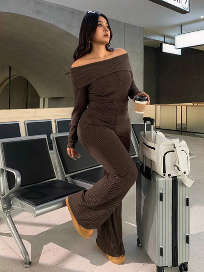 SHEIN EZwear Plus Size Woman Off Shoulder Ribbed 2 Pieces Set,Winter Long Sleeve Pants Sets,Christmas Lounge Set,Burgundy,Autumn,Smart Casual,Everyday Comfortable