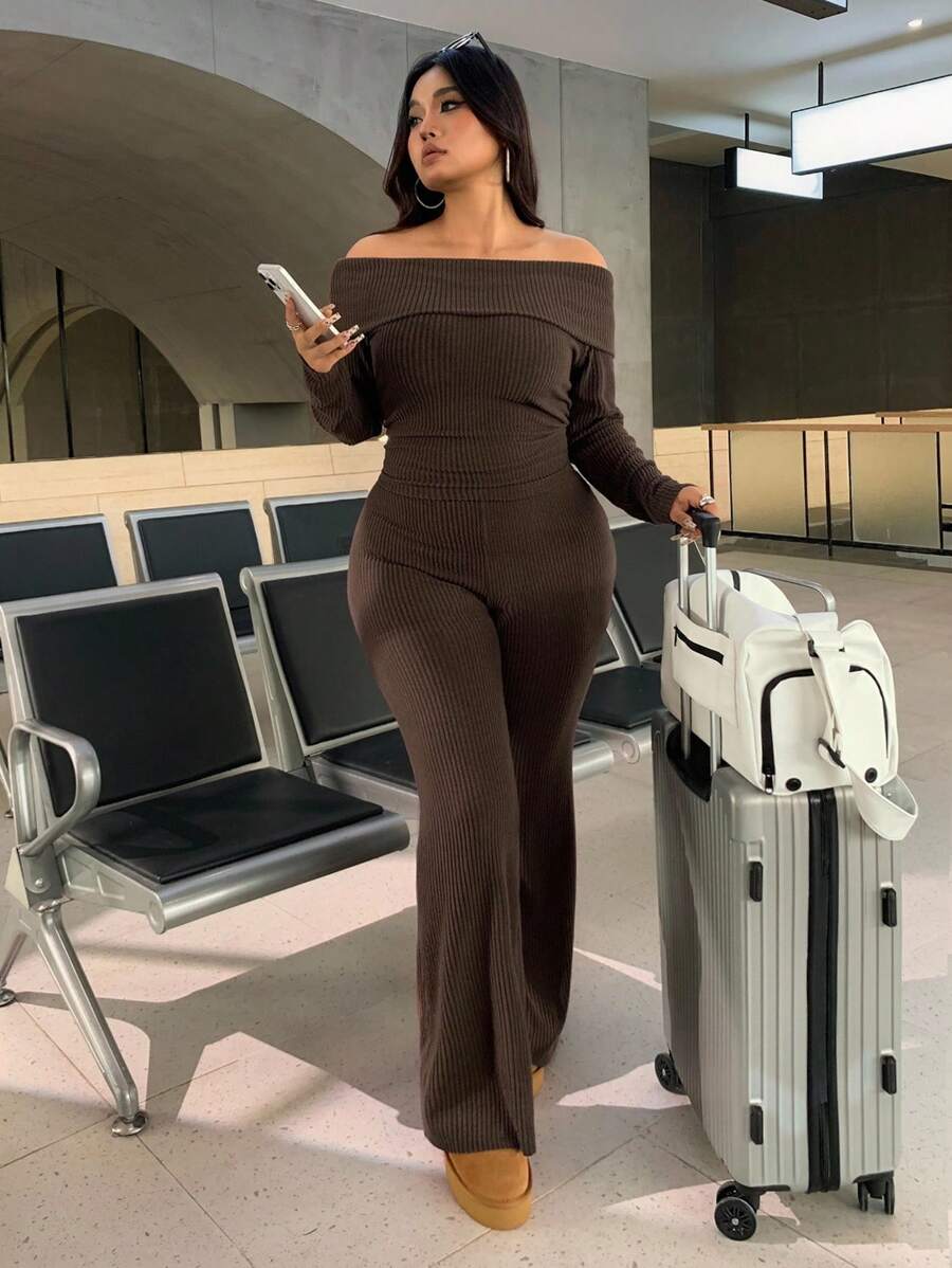 SHEIN EZwear Plus Size Woman Off Shoulder Ribbed 2 Pieces Set,Winter Long Sleeve Pants Sets,Christmas Lounge Set,Burgundy,Autumn,Smart Casual,Everyday Comfortable